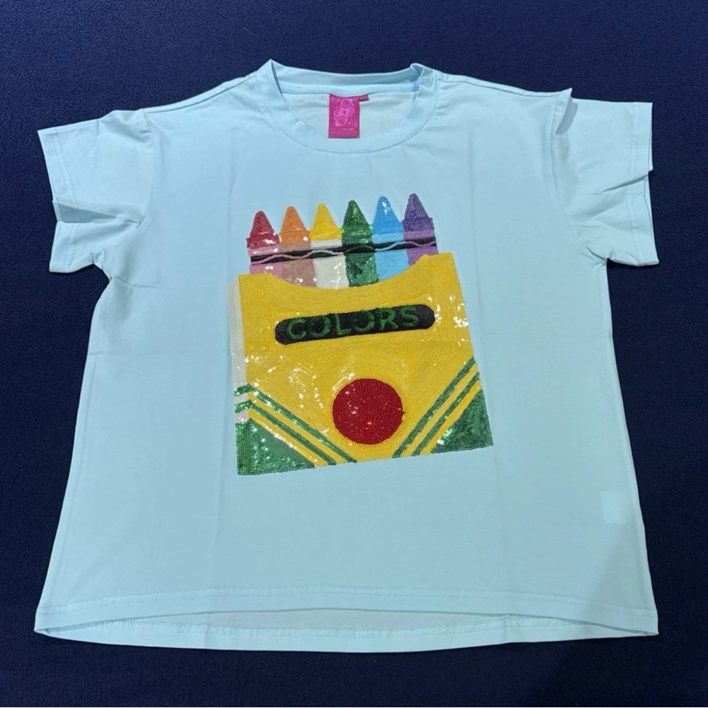 🖍️NWOT Queen Of Sparkles XS Sequined Crayons Tee